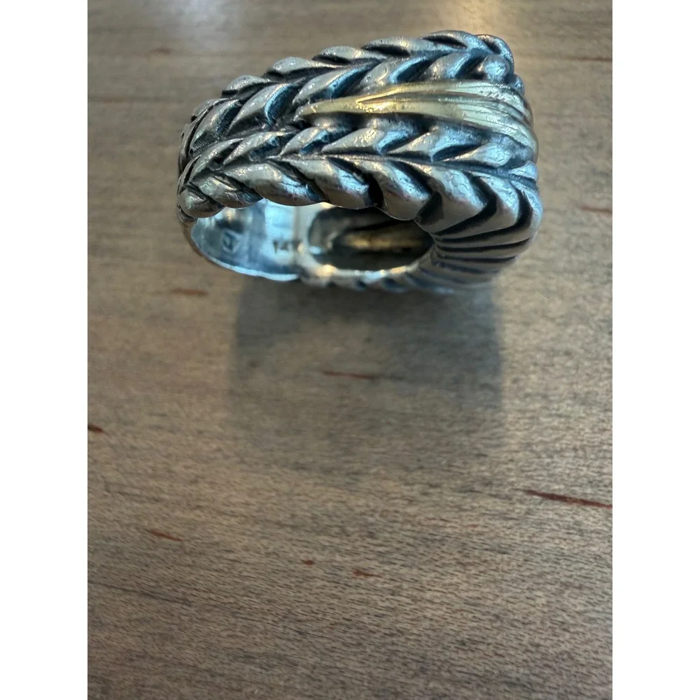 Dian Malouf Ring Women Size 7 Silver 14K Gold Chevron Cable Wheat Band Statement